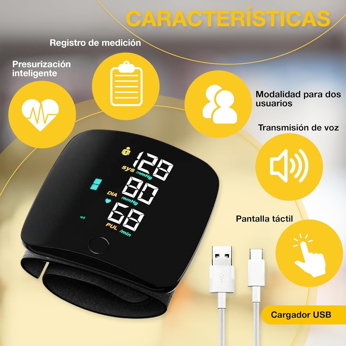 Monitor de Presión Arterial de Muñeca con Voz en Español – USB Recargable