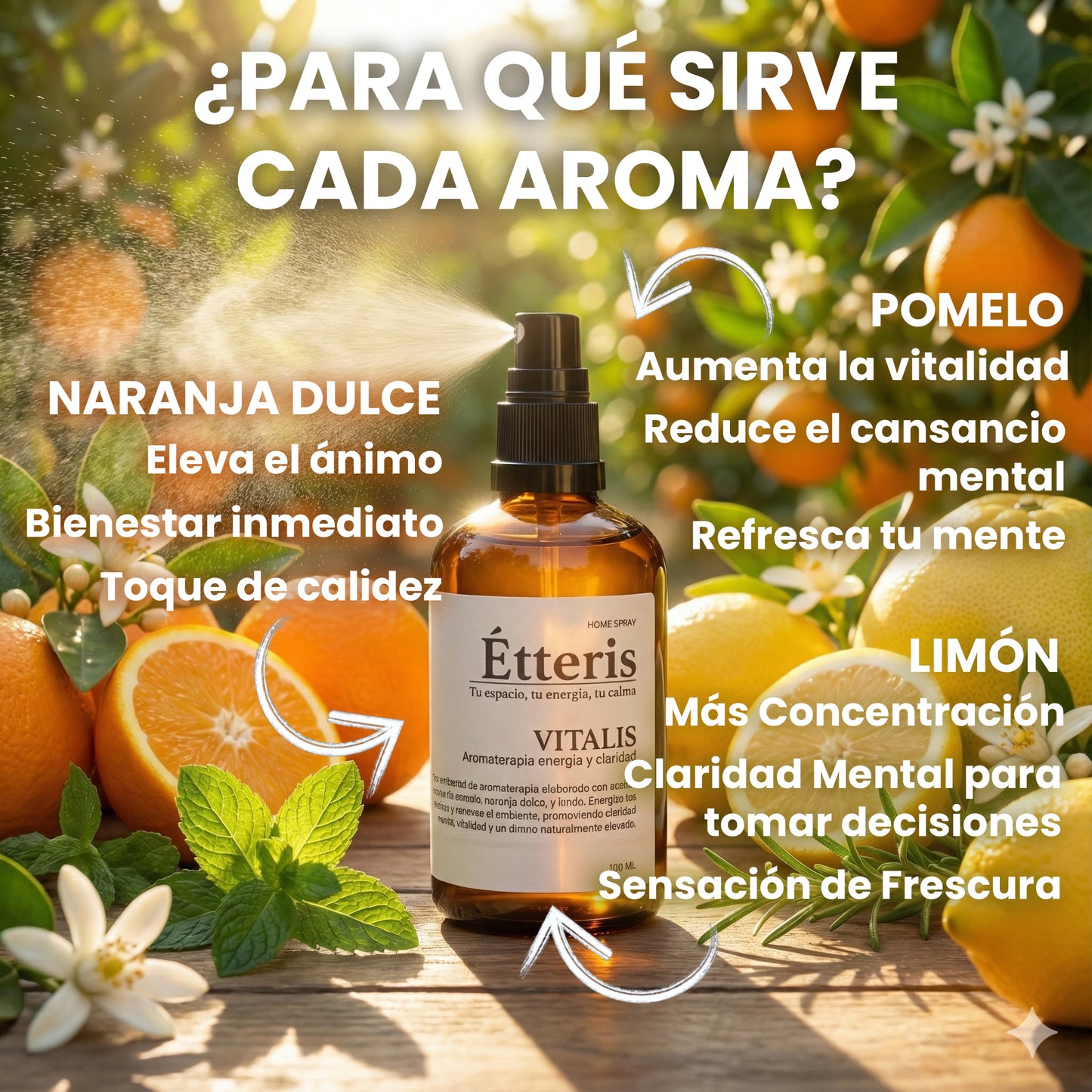 Étteris Vitalis - Home Spray Premium de Aromaterapia (100 ml) para Energía y Claridad